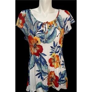 Melissa Paige Crinkle Top Womens Size Large White Blue Orange Floral Tunic